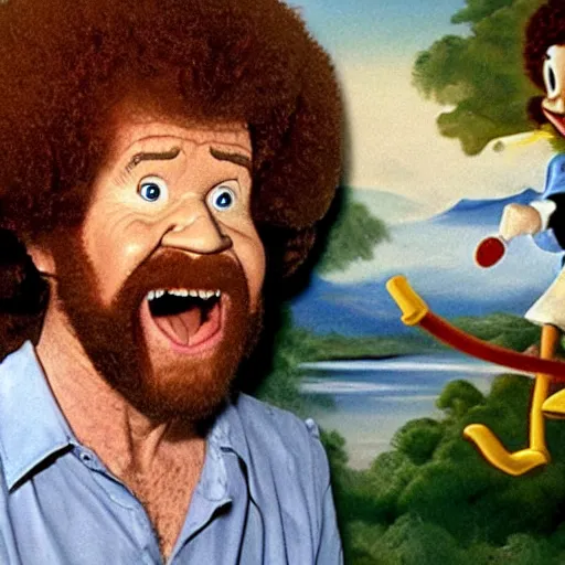 Image similar to bob ross screaming at pinocchio