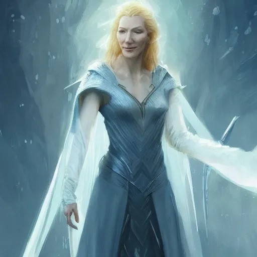 Prompt: A beautiful picture of Cate Blanchett as galadriel by greg rutkowski and Kalin Popov, trending on artstation