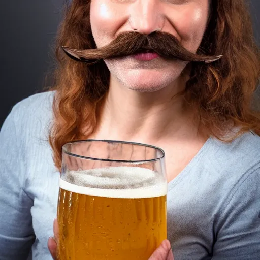 Image similar to a photo of a woman with a beard and moustache. she is smiling and drinking a big german beer.