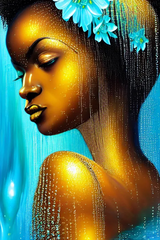 Image similar to hyperrealistic precisionist cinematic profile very expressive! black oshun goddess, in water! up to shoulders, mirror dripping droplet!, gold flowers, highly detailed face, digital art masterpiece, smooth eric zener cam de leon, dramatic pearlescent turquoise light on one side, low angle uhd 8 k, shallow depth of field