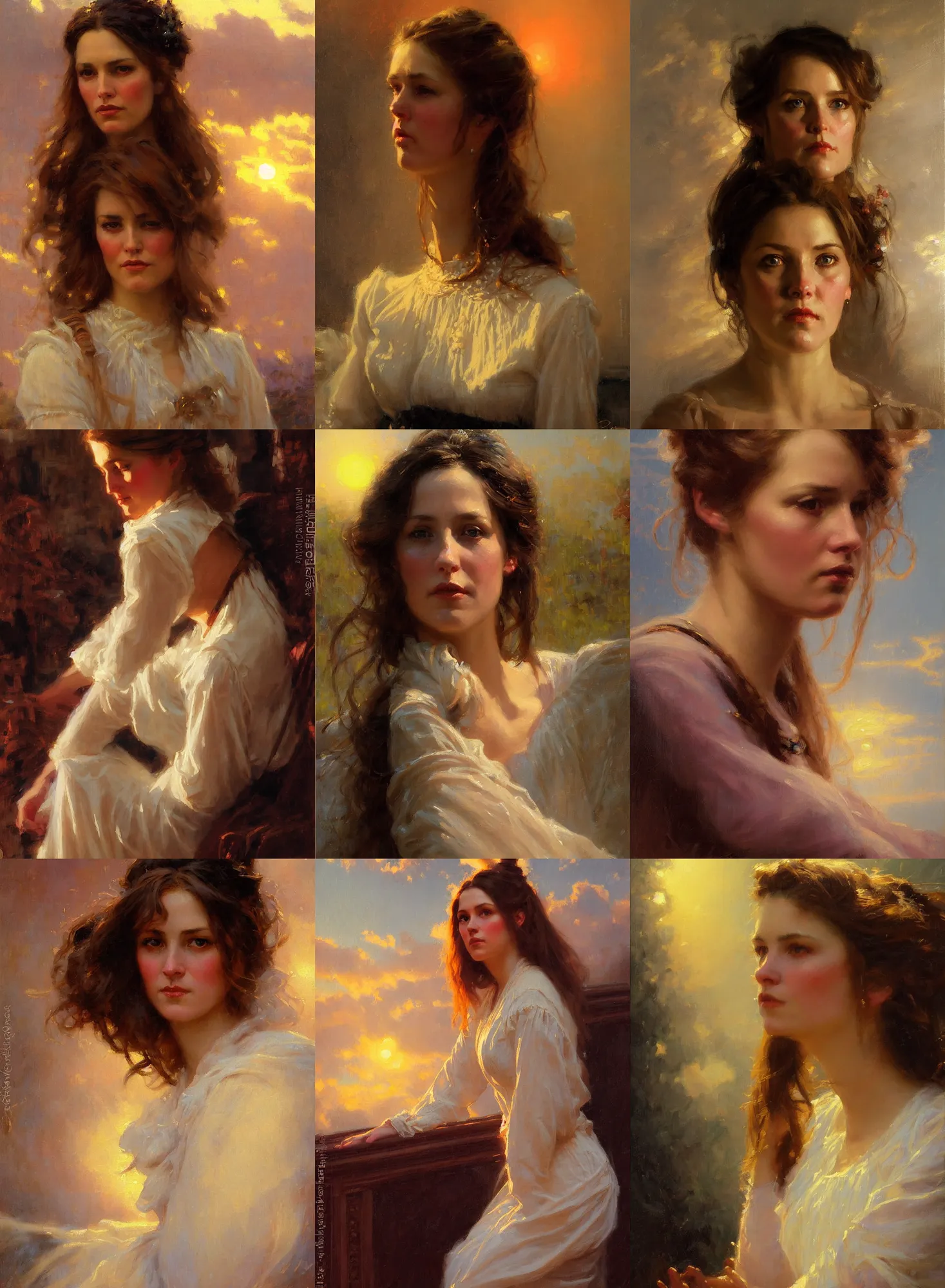 Prompt: fantasy close up portrait of woman in victorian interior. clouds and sunset light. painting by Darrel K Sweet. Daniel F Gerhartz. Jeremy Lipkin. Hildebrandt Brothers.