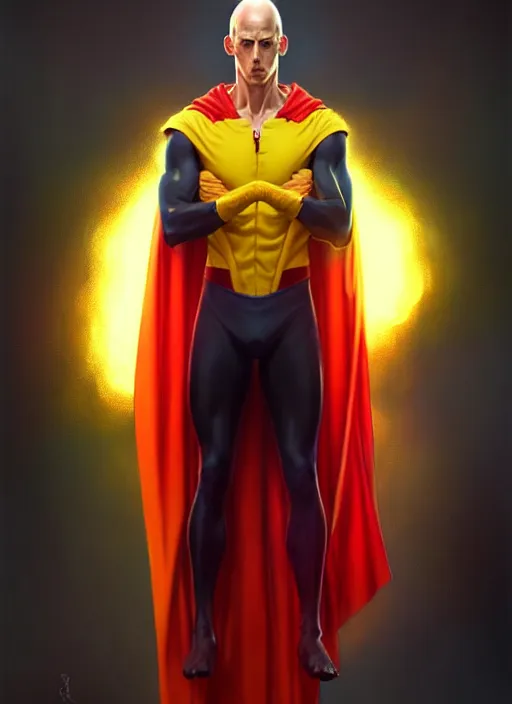 Image similar to ultra realistic illustration, handsome saitama. yellow and red cape, intricate, elegant, highly detailed, digital painting, artstation, concept art, smooth, sharp focus, illustration, art by artgerm and greg rutkowski and alphonse mucha and wlop