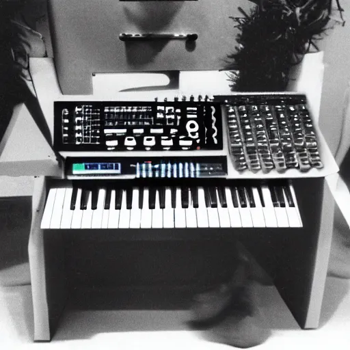 Image similar to a hybrid human / synthesizer, 1 9 8 0 s photo