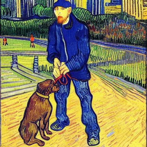 Image similar to Eminem with a dog plays with wooden blocks at Central Park painting by van gogh