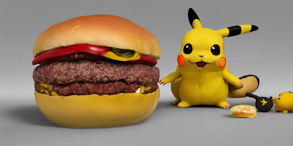 Prompt: a realistic Pikachu eating a hamburger, digital art, close shot, highly detailed, hyperrealistic, photorealistic, unreal engine 5, made by a professional 3d artist, dynamic lighting, trending on artstation, 4k uhd, epic composition