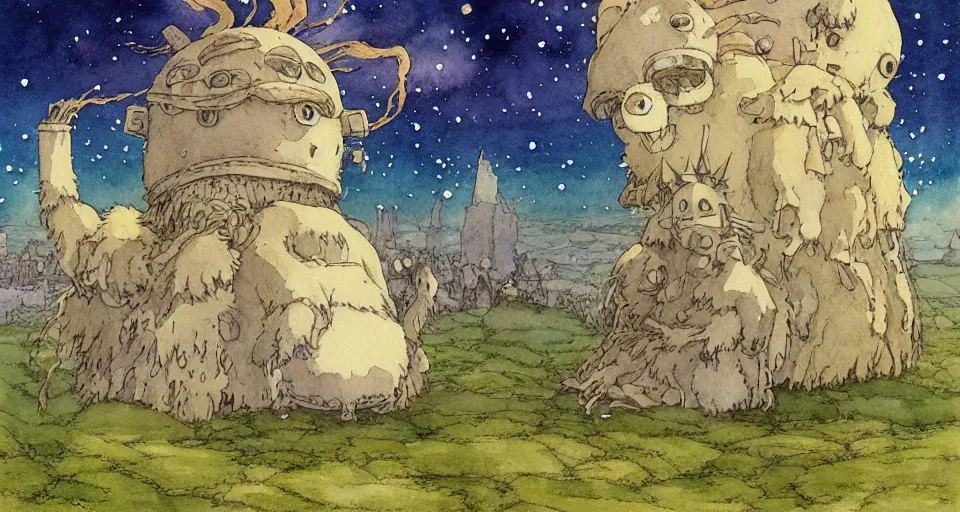 Image similar to hyperrealist studio ghibli watercolor fantasy concept art of a giant from howl's moving castle sitting on stonehenge like a chair. it is a misty starry night. by rebecca guay, michael kaluta, charles vess