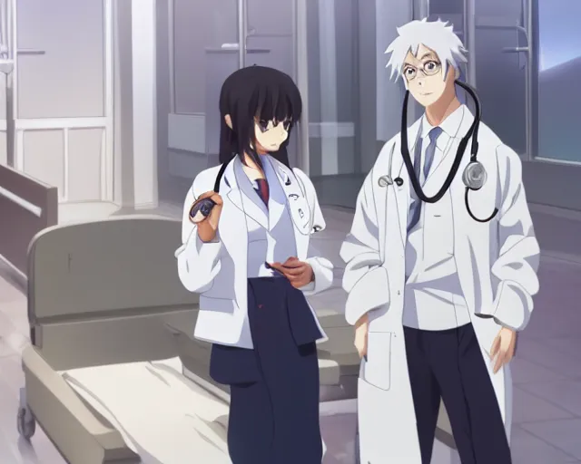 Image similar to a cute young female doctor wearing white coat are talking with an old surgeon in a hospital, slice of life anime, lighting, anime scenery by Makoto shinkai