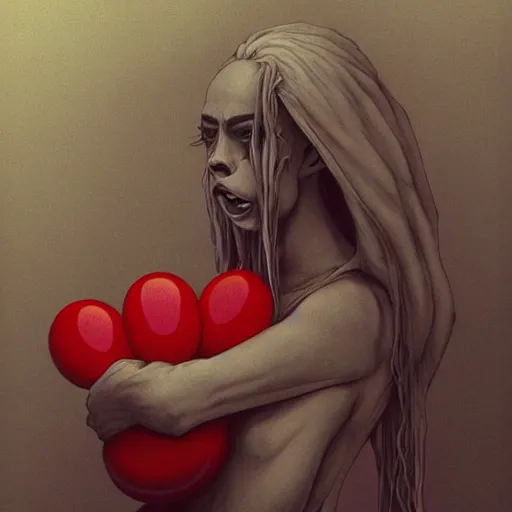 Image similar to pixel art of Billie eilish with a wide smile and a red balloon by Zdzisław Beksiński, loony toons style, pennywise style, corpse bride style, creepy lighting, horror theme, detailed, elegant, intricate, conceptual, volumetric light