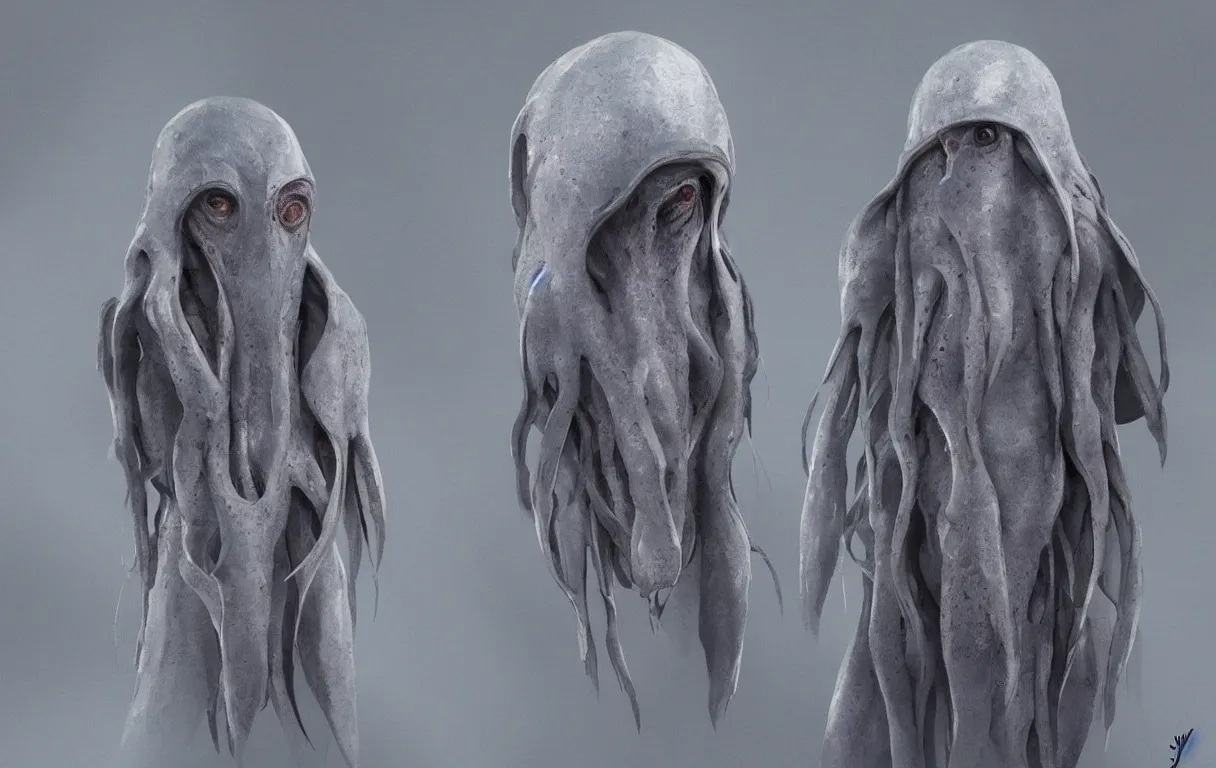 Image similar to humanoid squid with grey skin in robes looking at the viewer, concept art by jama jurabaev