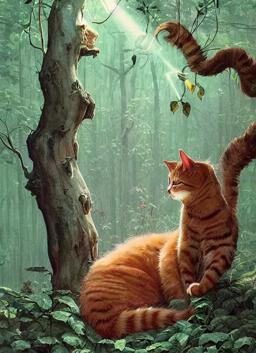 Prompt: a cat with happy lighting and technology jewelry in the woods gorgeous lighting, sunbeams blue sky, lush forest foliage painting by chiara bautista and beksinski and norman rockwell and greg rutkowski weta studio, and lucasfilm