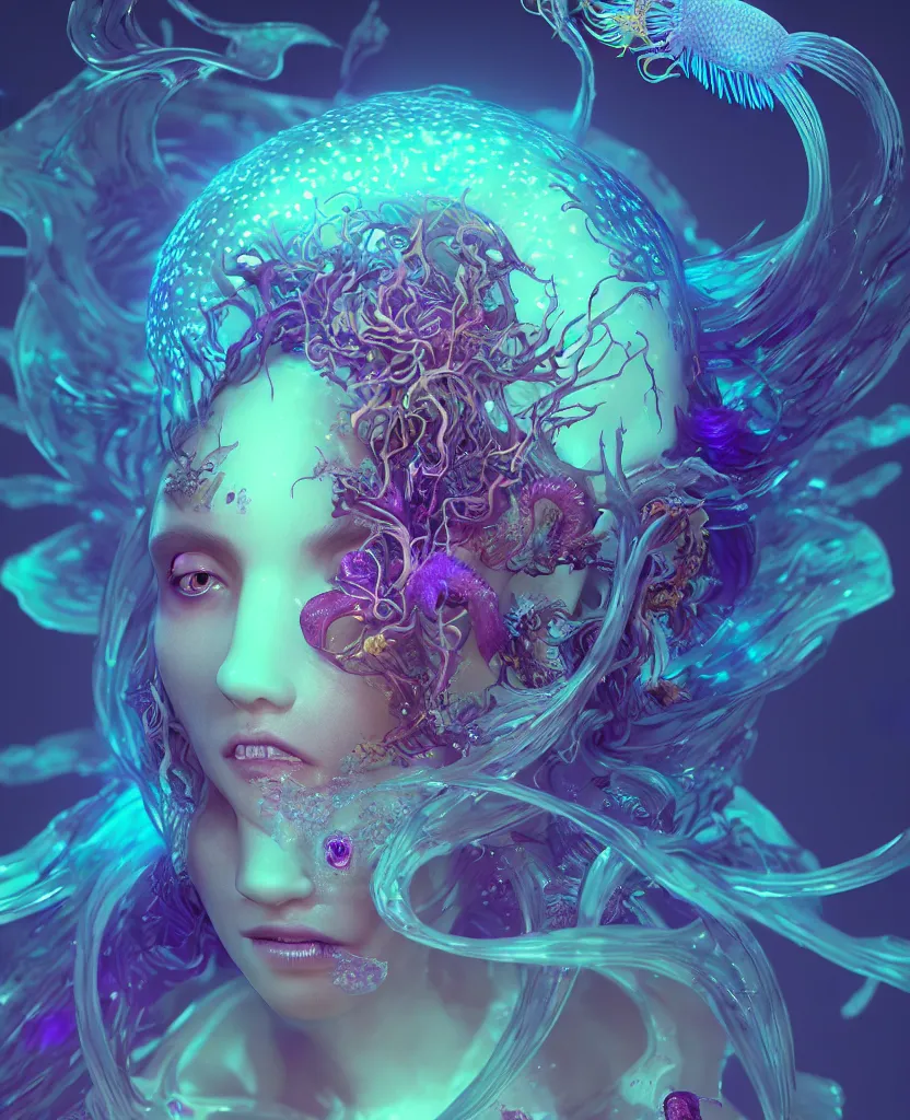 Image similar to goddess close-up portrait. orchid jellyfish phoenix head, nautilus, skull, betta fish, bioluminiscent creatures, intricate artwork by Tooth Wu and wlop and beeple. octane render, trending on artstation, greg rutkowski very coherent symmetrical artwork. cinematic, hyper realism, high detail, octane render, 8k