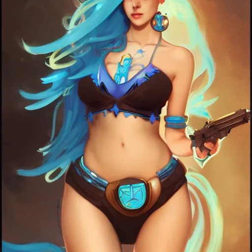 Prompt: beautiful girl with blue hair wearing a bikini, symmetrical face, character concept, character concept art, by Peter Mohrbacher and Alphonse Mucha, overwatch, weapon, detailed, style, 8k, trending on artstation, unreal