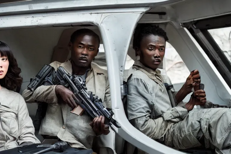 Image similar to movie diverse interracial team of Japanese robbers armed with rifles interior clean futuristic tactical van, beautiful skin, Symmetrical faces. natural lighting by Emmanuel Lubezki