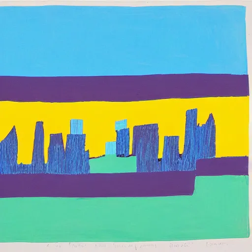 Image similar to fluorescent blue, dark orange by etel adnan daring. the land art shows four people sitting in a diner late at night. the people in the land art look tired & lonely. the land art is set in new york city & shows the city's skyline in the background.