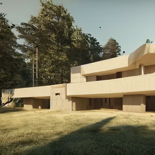 Image similar to modernist beige house inspired by tibetan palace, built like a stadium with atrium in the middle, on a hill surrounded by big trees, dramatic lighting, artstation, realistic rendering, unreal engine, octane render, raphael lacoste, simon stalenhag, frank lloyd wright, drone view