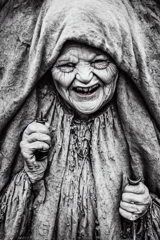 Prompt: old wrinkled woman with pustules, evil smile, medieval clothing, lord of the rings style, highly detailed, creepy atmosphere, candles