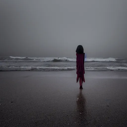 Image similar to glitch girl and very very tall monster wrapped in a blanket looks into the distance on the beach, in the rain, style of Hiroshi Sugimoto ,atmospheric,--ar 16:9