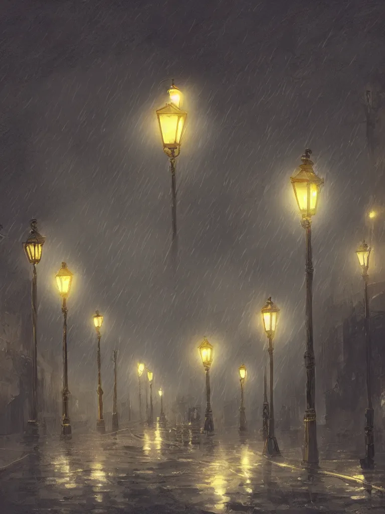 Image similar to street lamps shining though the rain by disney concept artists, blunt borders, rule of thirds