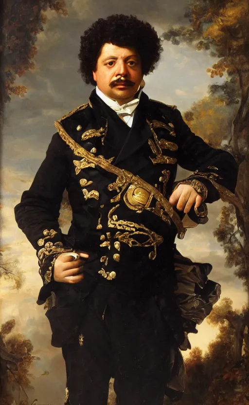 Prompt: Portrait of Alexandre Dumas, oil on canvas, highly detailed, high contrast, by Franz Xaver Winterhalter, 8k