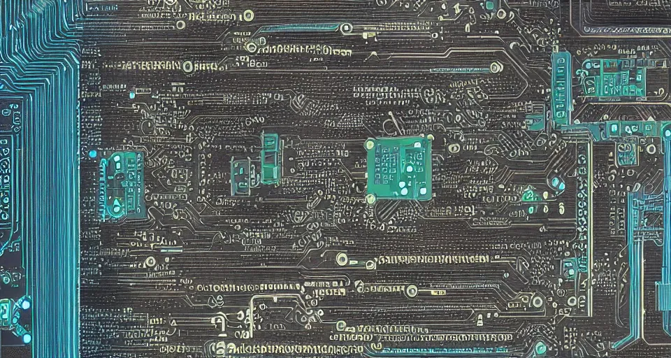 Prompt: render of a fantasy motherboard circuit made and powered by crystalline circuitry. trending on artstation. premium print by angus mckie