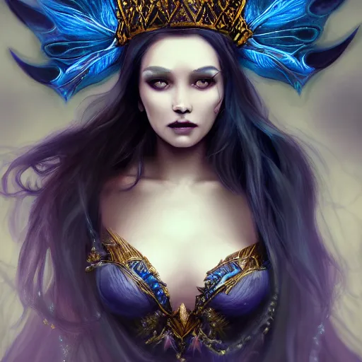 Prompt: detailed portrait of a dark fairy queen, crown, wings, teeth, realism, pale blue, emerald, sapphire,dark purple crown,leaves, moonlit, dark fantasy, dramatic lighting, cgsociety, artstation