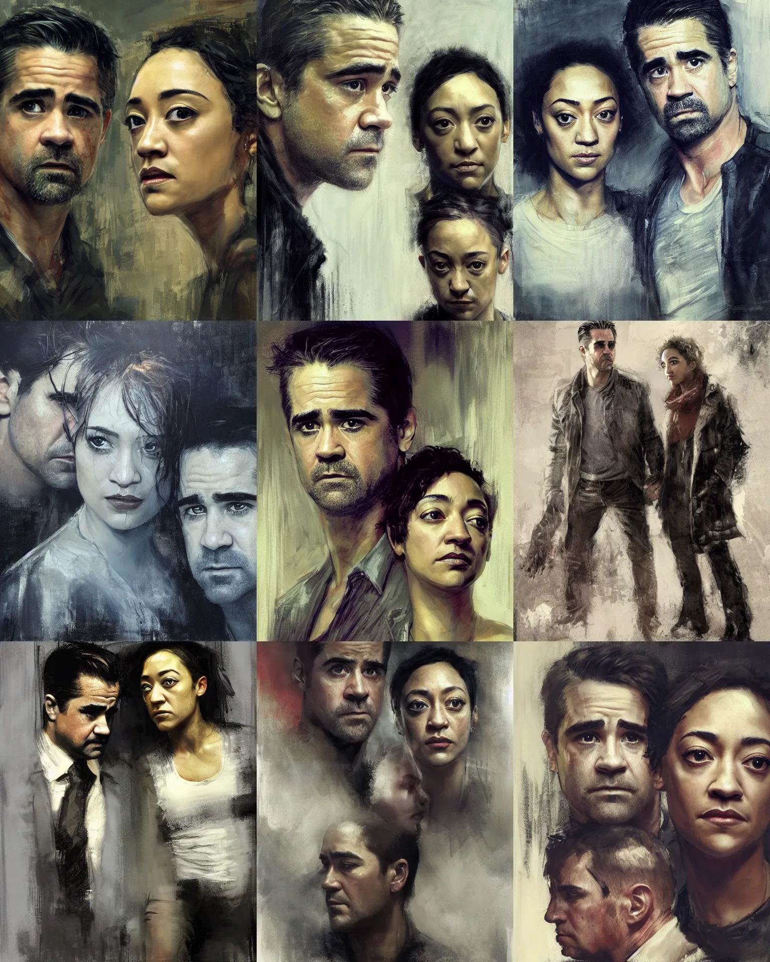 Prompt: family, colin farrell and ruth negga, detailed face, highly detailed, by jeremy mann