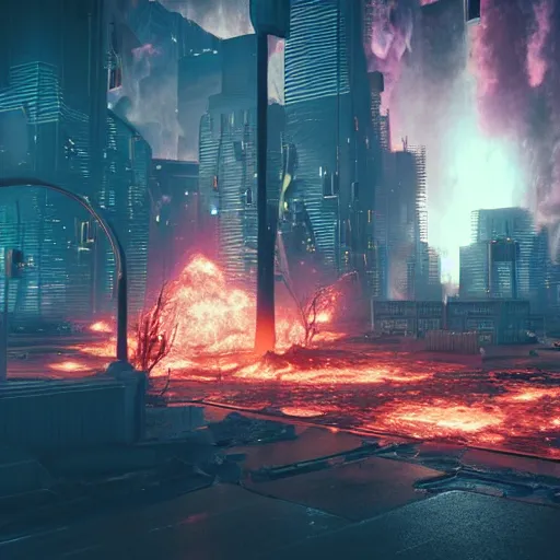 Image similar to a black hole is destroying a gothic cyberpunk City, catastrophic, fire and explosions, the feeling of dread, photorealistic, octane render, unreal engine