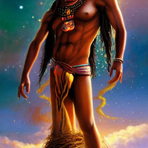 Prompt: ''cinematic shot'' of an inca sun god brown muscular body sweaty skin beutiful face long hair tan skin with the power of a galaxy casper david friedrich raphael lacoste vladimir kush leis royo volumetric light effect broad light oil painting painting fantasy art style sci - fi art style realism premium prints available artwork unreal engine