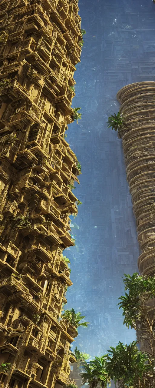 Image similar to solarpunk, eye level view of a contemporary babylon tower, golden intricate details, stone facade, sacred architecture, hanging gardens, cascading highrise, arid mountains with lush palm forest, photorealistic, sunlight, post - production, octane, cgi, sfx