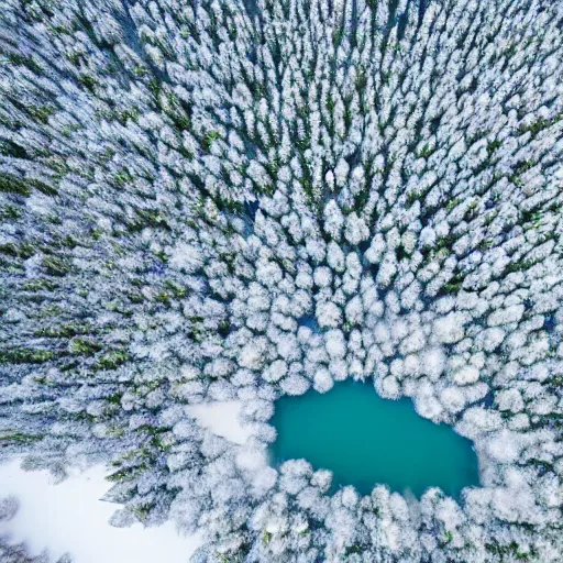 Prompt: photo of a lake covered in snow. the snow has melted in a cross shape and blue water can be seen. arial picture