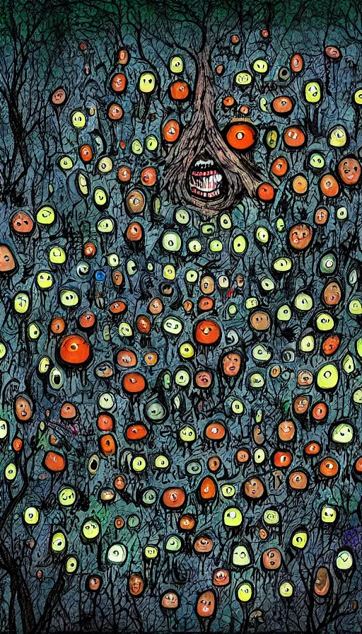 Prompt: a storm vortex made of many demonic eyes and teeth over a forest, by allie brosh