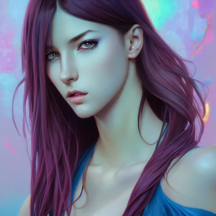 Image similar to full body portrait, a beautiful symmetrical gorgeous anime girl, rainbow hair, attractive, casual, modern, victoria's secret, highly detailed, digital painting, artstation, concept art, smooth, sharp focus, illustration, art by artgerm, greg rutkowski and alphonse mucha, 8 k,