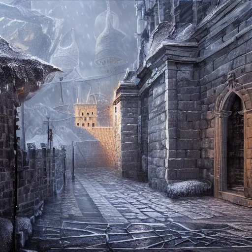 Image similar to fantasy concept art, walled city abut to a labyrinth, snowy weather, 8k, high detail