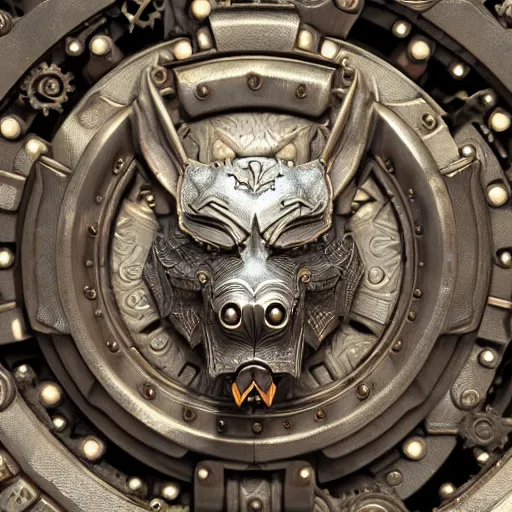 Image similar to A steampunk ornate wolf made of engraved full plate armor and gears, Macro shot by Justin Gerard, unreal engine, physically based rendering