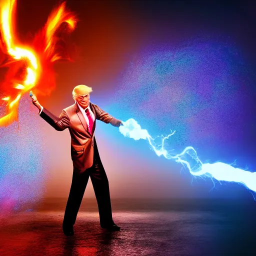 Image similar to burning donald trump casting fireballs, colorful hd picure, lightning in the background