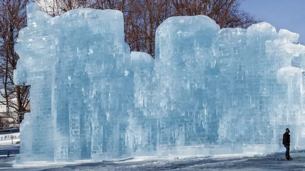 Image similar to a giant ice sculpture of a super hero, people are ice skating around it.