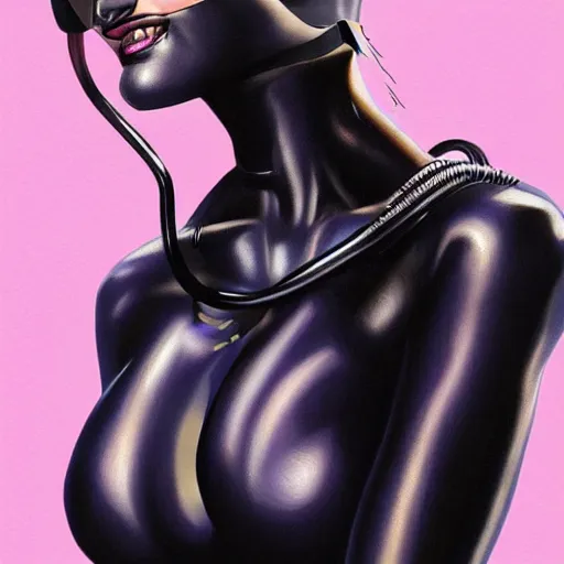 Image similar to Portrait of Catwoman, intricate upper body, whole body, highly detailed, digital painting, artstation, concept art, smooth, sharp focus, illustration, art by Hajime Sorayama