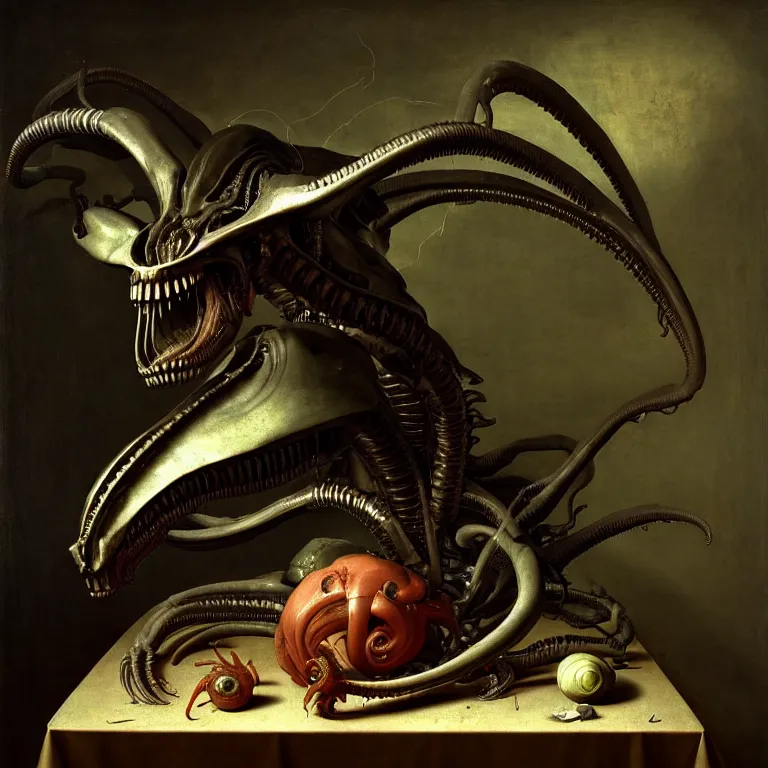 Image similar to still life of xenomorph by hieronymus bosch, wide shot, soft glow bloom lucid dream - like ethereal atmosphere, baroque portrait painting, perfect composition, beautiful intricate detailed octane render trending on artstation, 8 k artistic photography, volumetric cinematic perfect light, chiaroscuro, masterpiece, raphael, caravaggio, rutkowski, beeple, beksinski