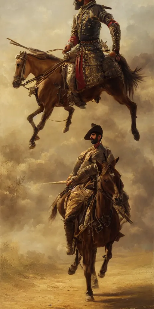 Prompt: Highly detailed and cinematic romantic period oil painting of an Arabian soldier riding a rearing horse, strong atmosphere, oil painting masterpiece by Josep Tapiró Baró, RPG portrait, dynamic lighting, 8K