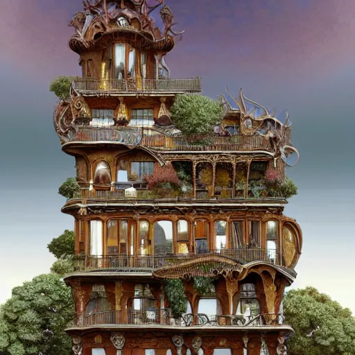 Image similar to art panoramic mansion art nouveau intricate details digital art ornate cryengine render by moebius, m. c. escher, syd mead, antoni gaudi, tomasz alen kopera, andreas franke, victo ngai, benoit mandelbrot