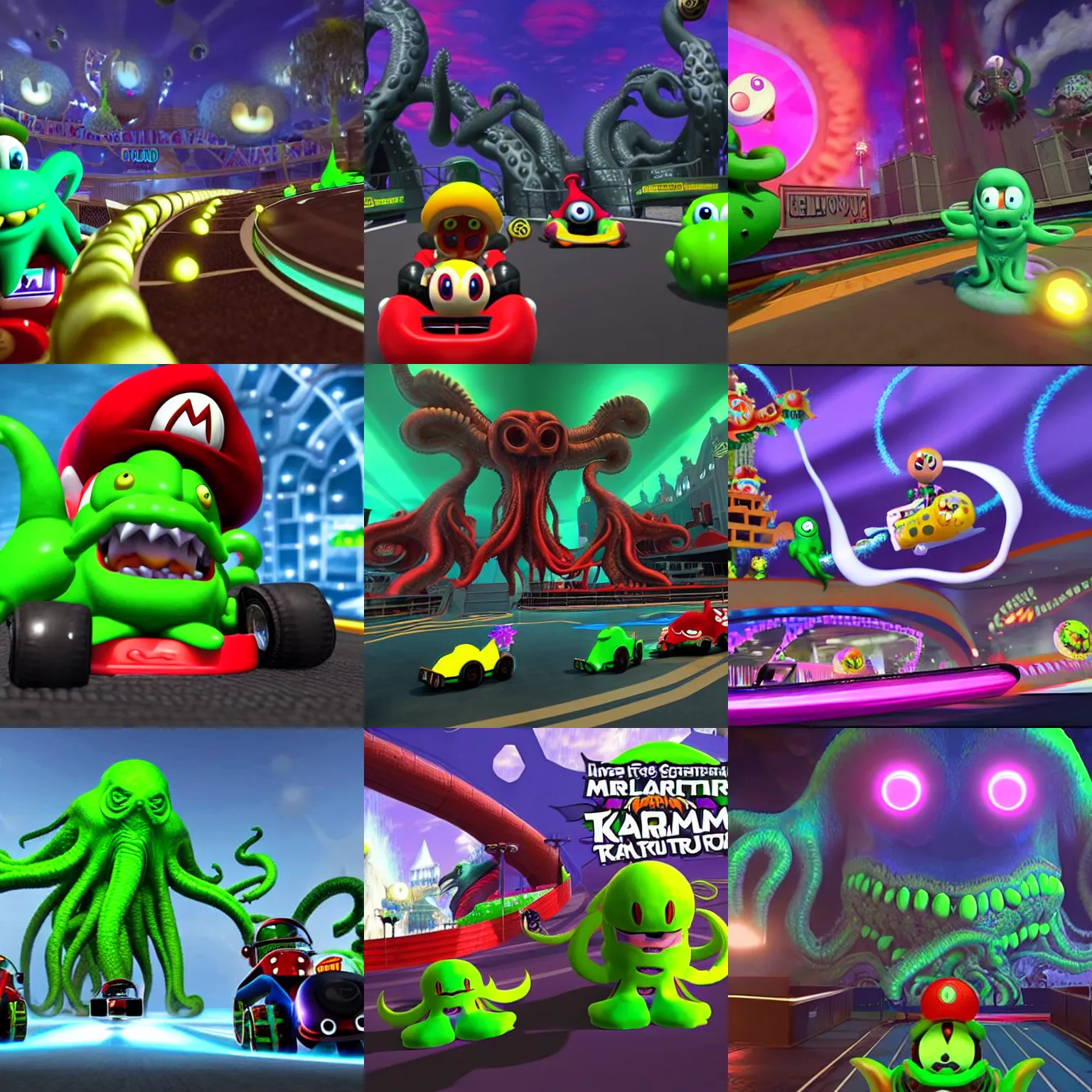 Prompt: still image of lovecraftian horror cthulhu overlooking mario kart tour deluxe race, unreal engine