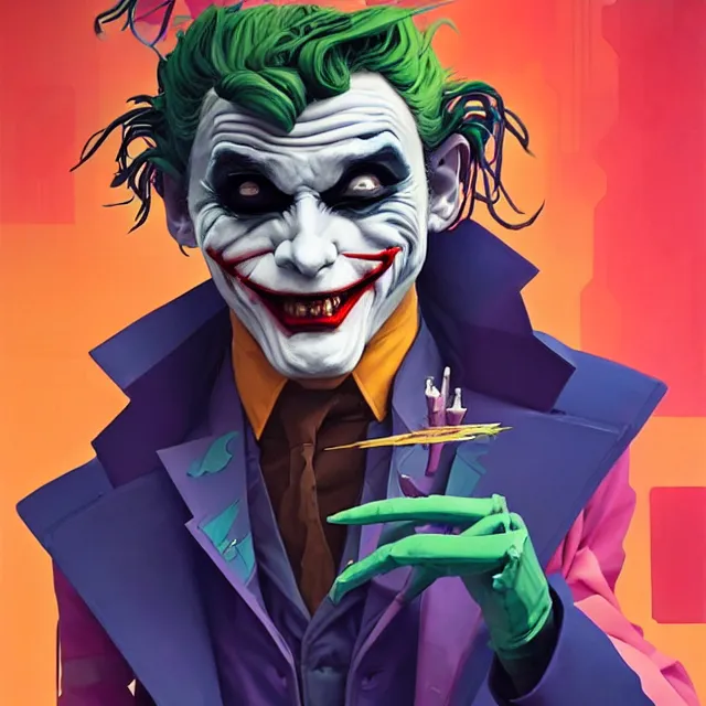 Prompt: a beautiful painting of a cyberpunk joker by sachin teng and pascal blanche and ralph mcquarrie and greg rutkowski. in style of futurism art. ( ( colorful comic ) ), ( ( film noirs ) ), ( ( brush stroke ) ), ( ( vibrating colors ) ), hyper detailed. 4 k texture. octane render. trending on artstation