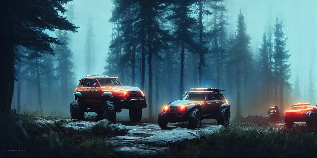 Image similar to a beautiful concept offroad suv, an epic fantasy, dramatic lighting, cinematic, establishing shot, extremely high detail, photorealistic, cinematic lighting, artstation, by simon stalenhag, horizon forbidden west