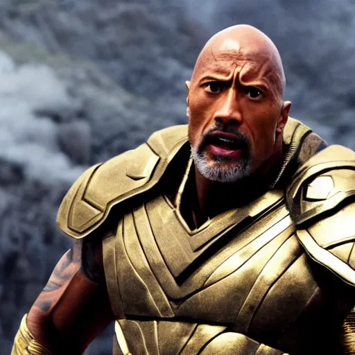 Image similar to film still of Dwayne Johnson playing Heimdall in Thor, 4k