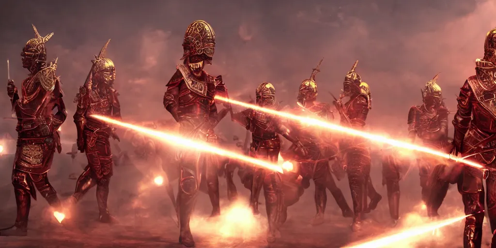 Image similar to futuristic roman army, red and gold with purple lasers, dramatic, cinematic, unreal engine