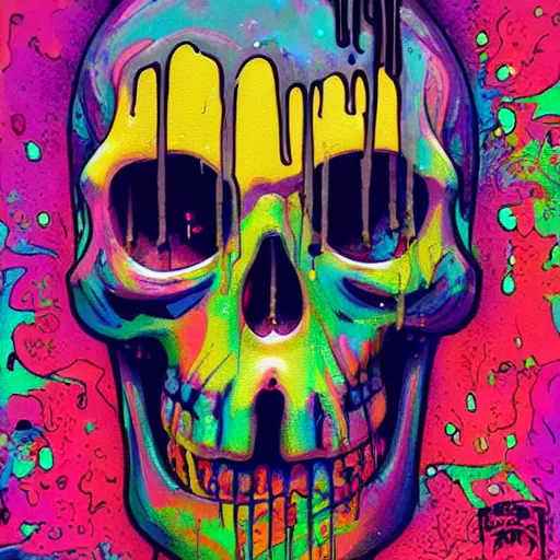 Prompt: drippy, dripping paint, skull, psychedelic, glitch, miyazaki style, exaggerated accents