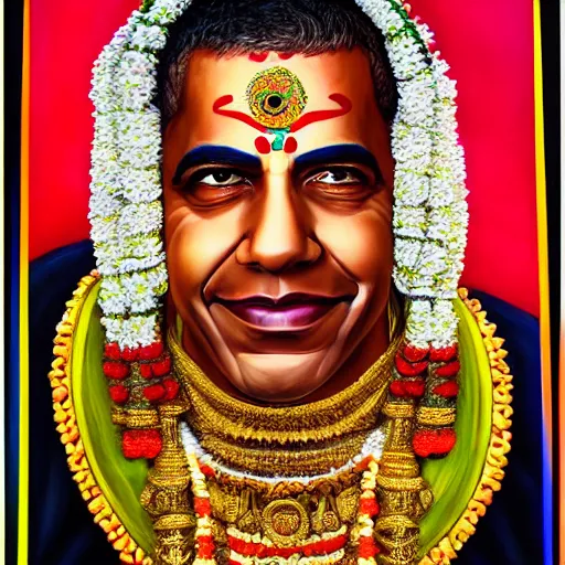 Image similar to Fantasy portrait of Barak Obama as a Kathakali dancer, hyper-realistic Portrait in style of Hajime sorayama, hyperdetailed , supersharp, hypermaximalist, smooth gradients