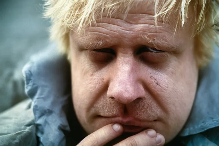 Prompt: closeup portrait of homeless boris johnson sleeping under a london bridge, natural light, sharp, detailed face, magazine, press, photo, steve mccurry, david lazar, canon, nikon, focus