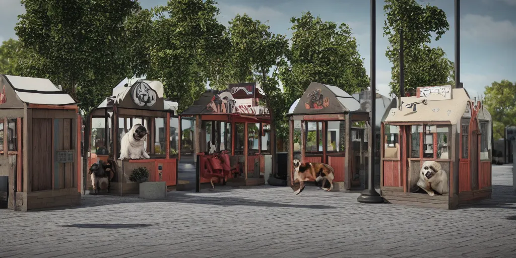 Prompt: eight dog booths on the cremlin square and a dog, beautifully detailed 4 k octane render, 4 k post processing