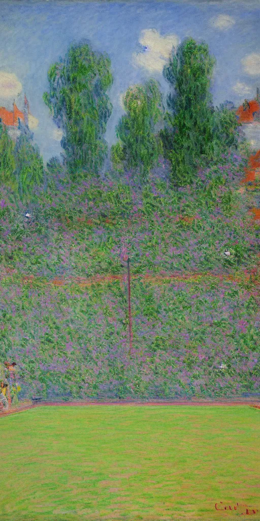 Image similar to tennis court, art by claude monet, impressionism, oil painting, bright colors, advertising painting